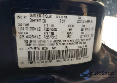 2000 Jeep Cherokee Sport from USA, damaged, VIN 1J4FF48S7YL120307